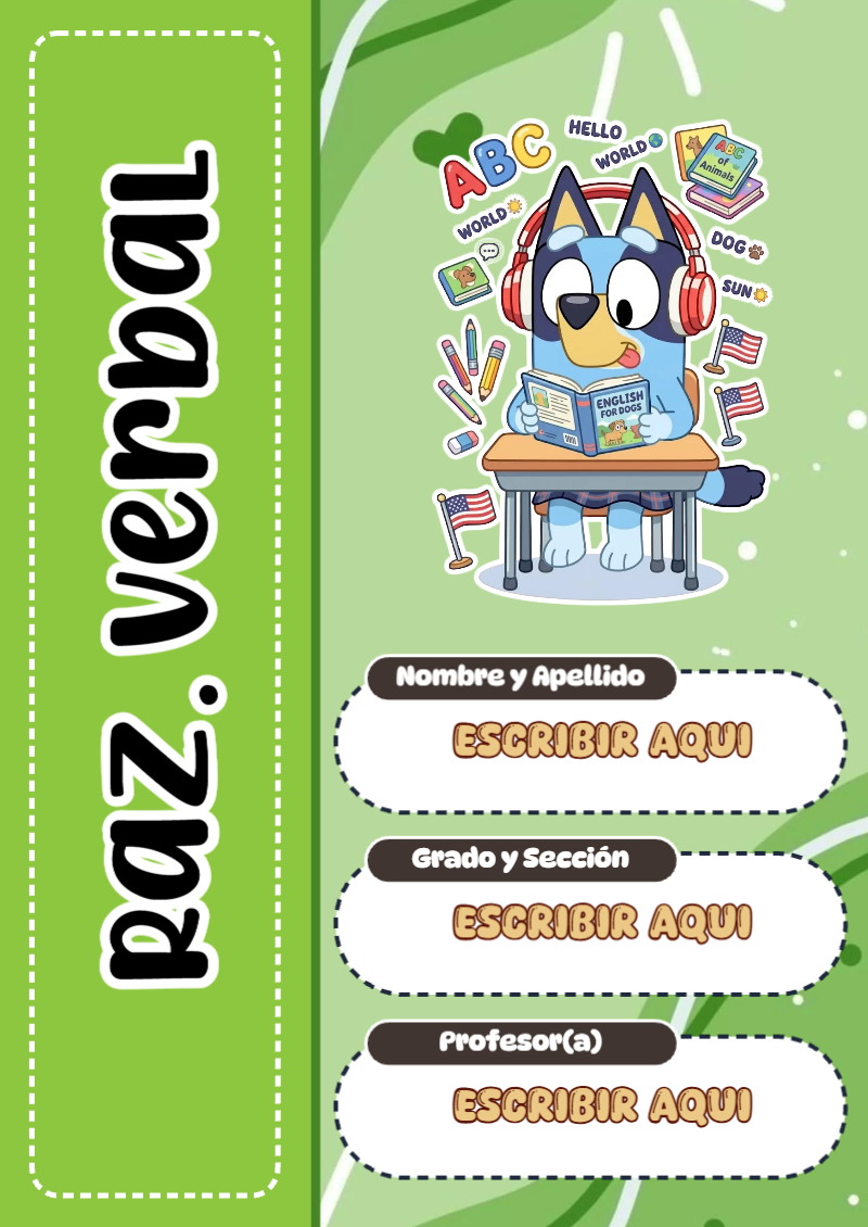 Portada de Bluey de Raz. Verbal Editable para Imprimir Gratis