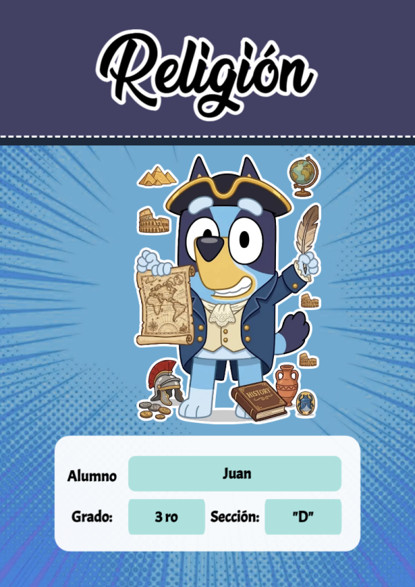 Portada de Bluey de Religión para cuaderno con diseño escolar - para personalizar tus materias