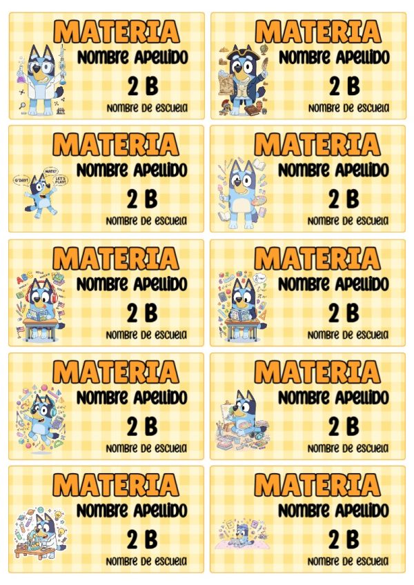 Etiquetas escolares de Bluey Escolares listas para recortar - diseño escolar moderno