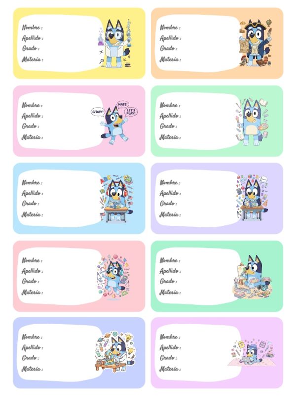 Etiquetas de Bluey Perro Perrito Escolares para cuadernos y útiles escolares - estilo único para estudiantes