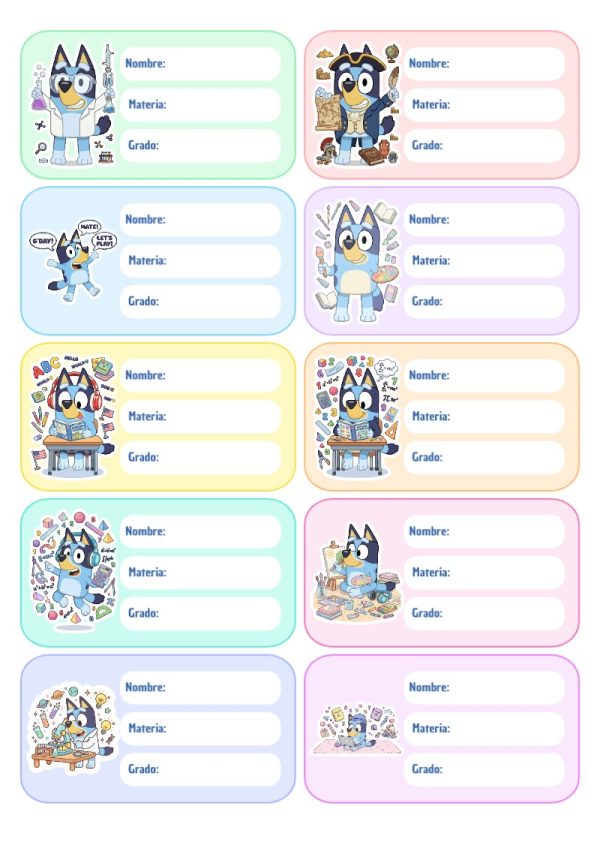 Etiquetas de Bluey Perro Perrito Escolares para primaria y preescolar - diseño escolar moderno
