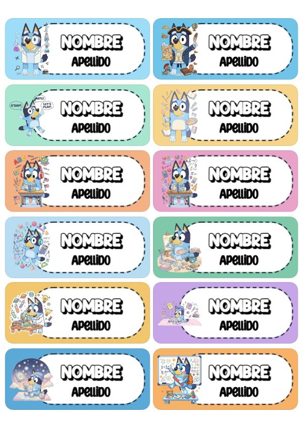 Etiquetas escolares de Bluey Perro Perrito Escolares listas para recortar - diseño escolar moderno