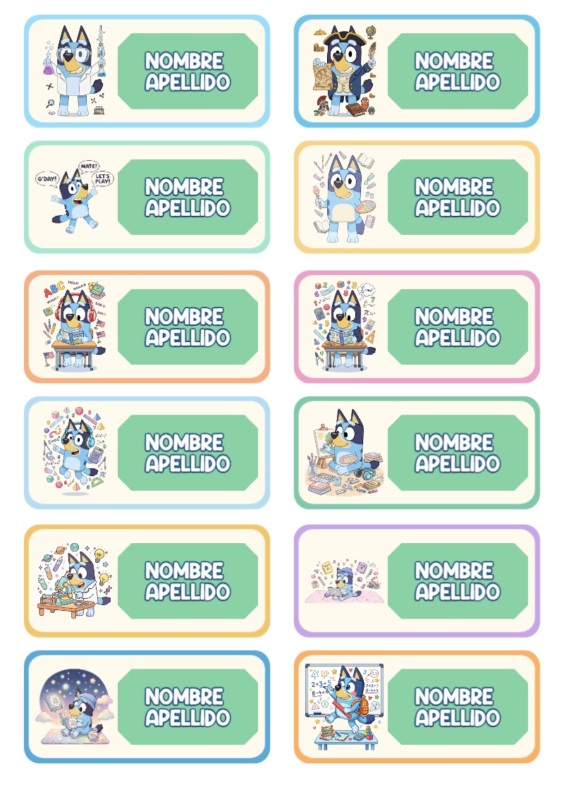 Etiquetas personalizadas de Bluey Perro Perrito Escolares para imprimir en A4 - diseño escolar moderno
