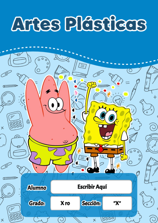Portada de Bob Esponja de Artes Plásticas para cuaderno con estilo infantil - formato digital listo para usar