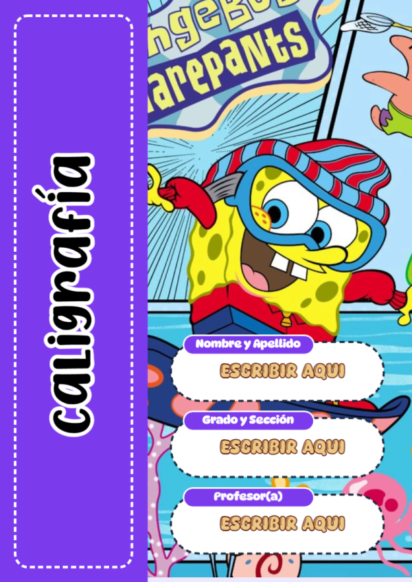 Portada de Bob Esponja de Caligrafía para cuaderno personalizada para imprimir - para todas las edades y grados