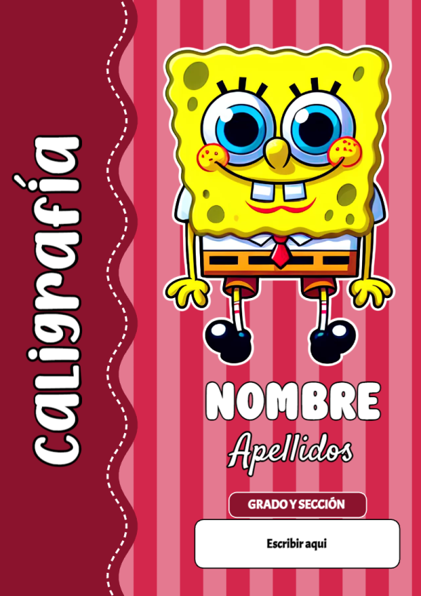 Portada de Bob Esponja de Caligrafía para cuaderno con diseño escolar - creación especial de Mini Canva
