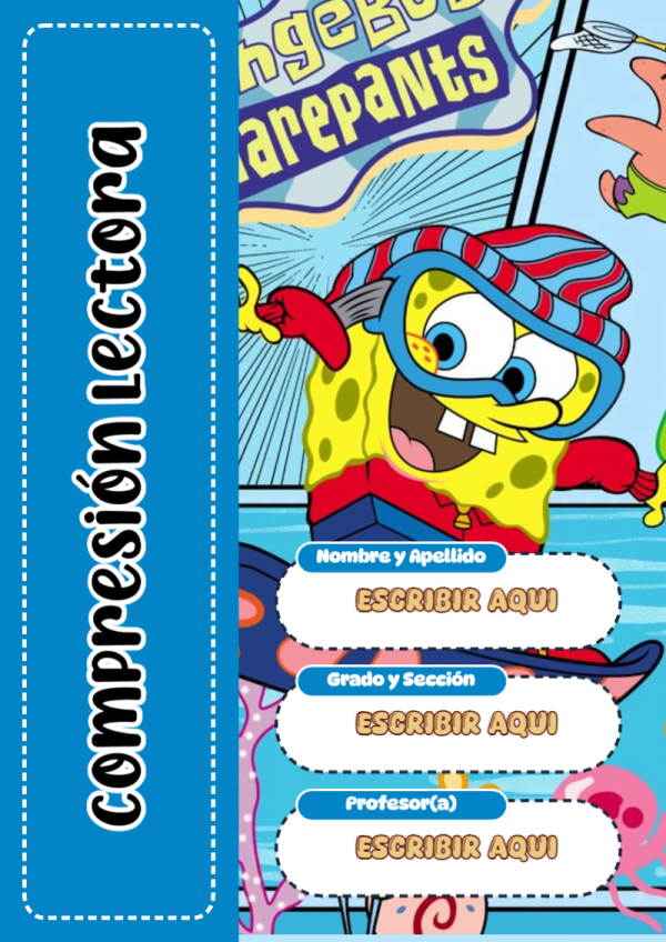 Portada de Bob Esponja de Compresión Lectora para cuaderno personalizada para imprimir - para personalizar tus materias