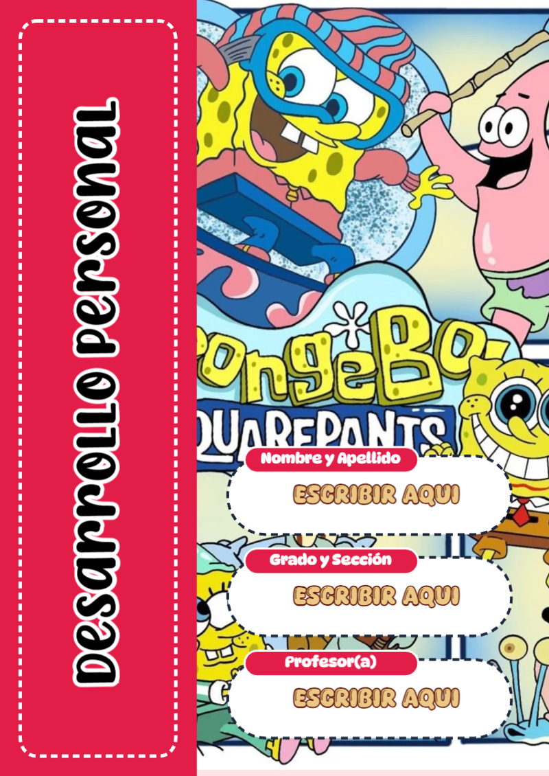 Portada de Bob Esponja de Desarrollo Personal para cuaderno llamativa y bonita - diseño escolar moderno