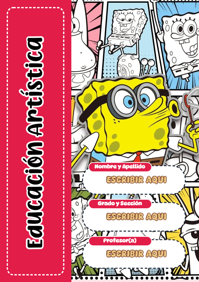 Portada de Bob Esponja de Educación Artística para cuaderno llamativa y bonita - disponible para descarga gratuita