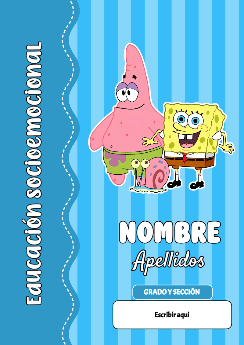 Portada de Bob Esponja de Educación Socioemocional para cuaderno personalizada para imprimir - versión premium para imprimir