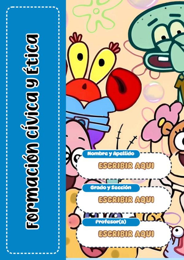 Portada de Bob Esponja de Formación Cívica y Ética para cuaderno colorida y creativa - para personalizar tus materias