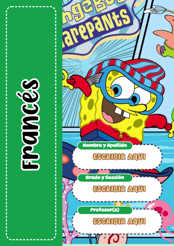 Portada de Bob Esponja de Francés para cuaderno con diseño escolar - creación especial de Mini Canva
