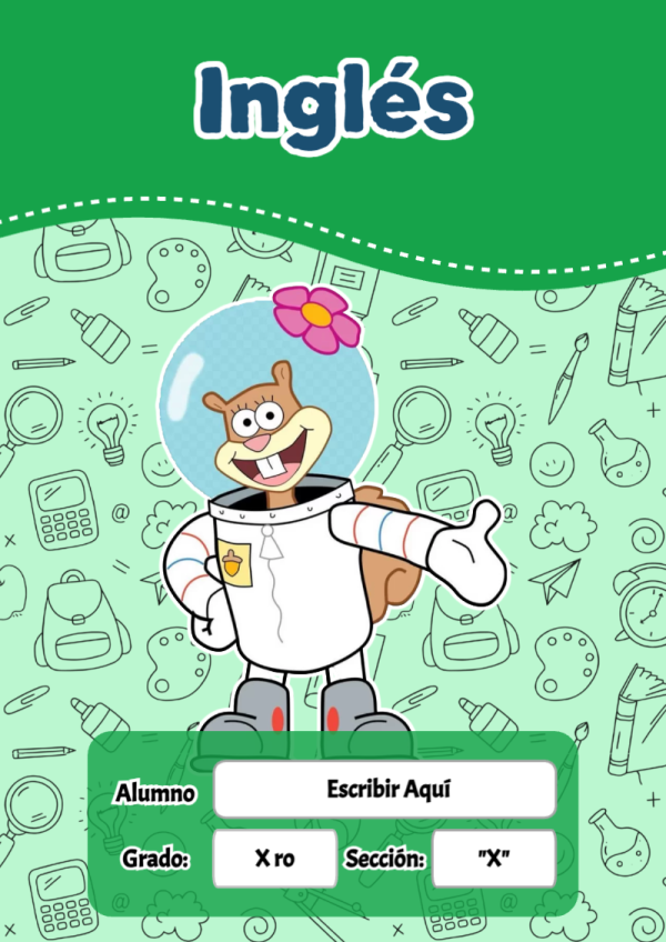 Portada de Bob Esponja de Inglés para cuaderno en formato A4 - formato digital listo para usar