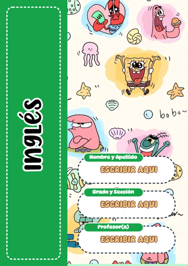 Portada de Bob Esponja de Inglés para cuaderno colorida y creativa - con colores vivos y llamativos