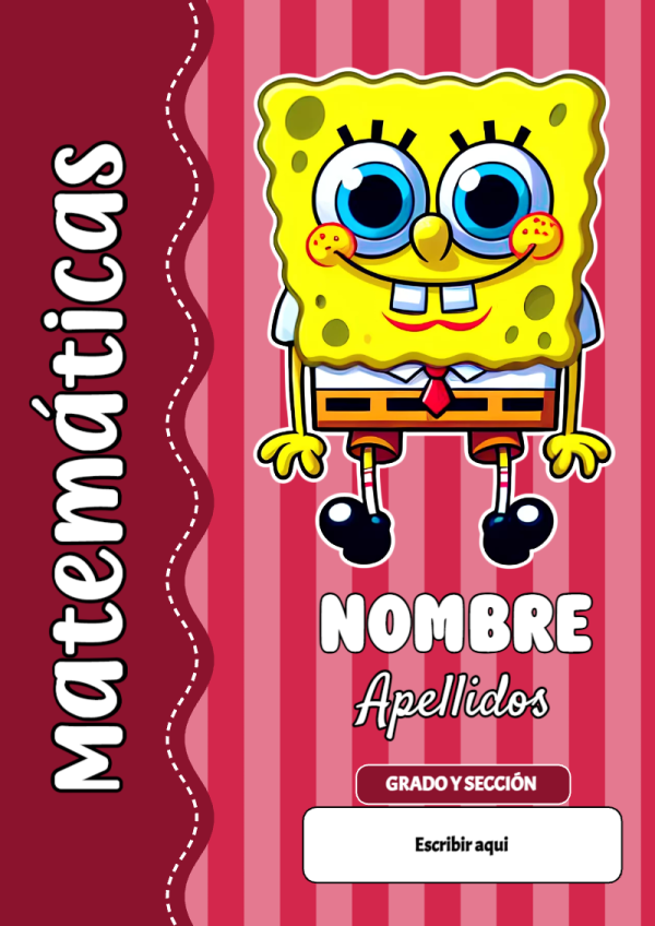 Portada de Bob Esponja de Matemáticas para cuaderno lista para imprimir en A4 - para personalizar tus materias