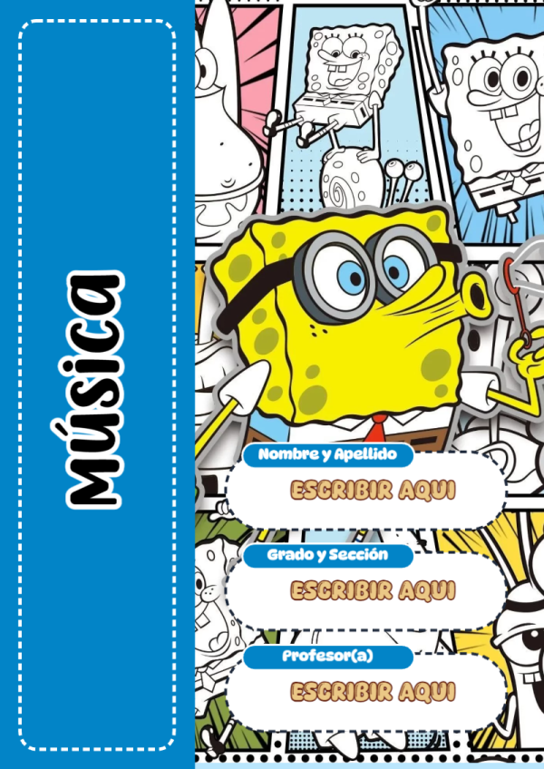 Portada de Bob Esponja de Música para cuaderno fácil de imprimir - con colores vivos y llamativos