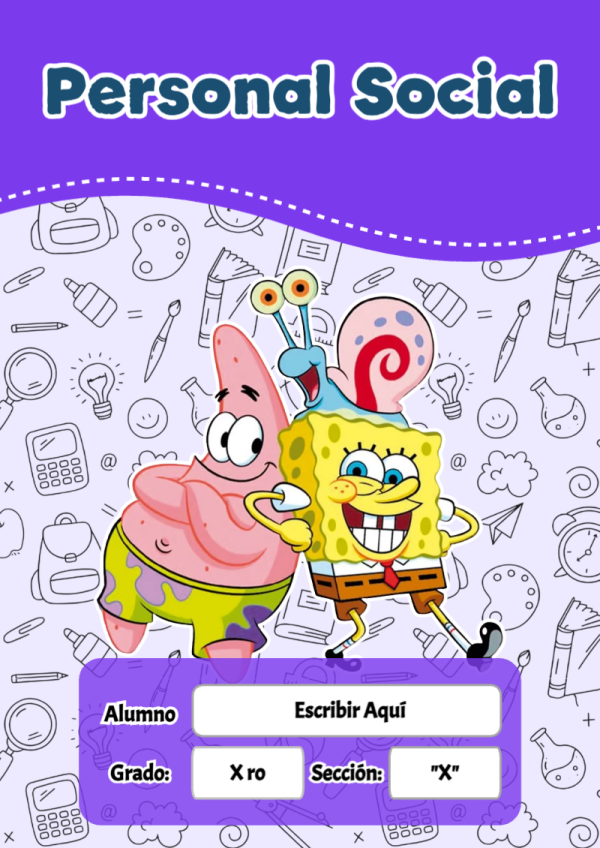 Portada de Bob Esponja de Personal Social para cuaderno en formato A4 - para personalizar tus materias