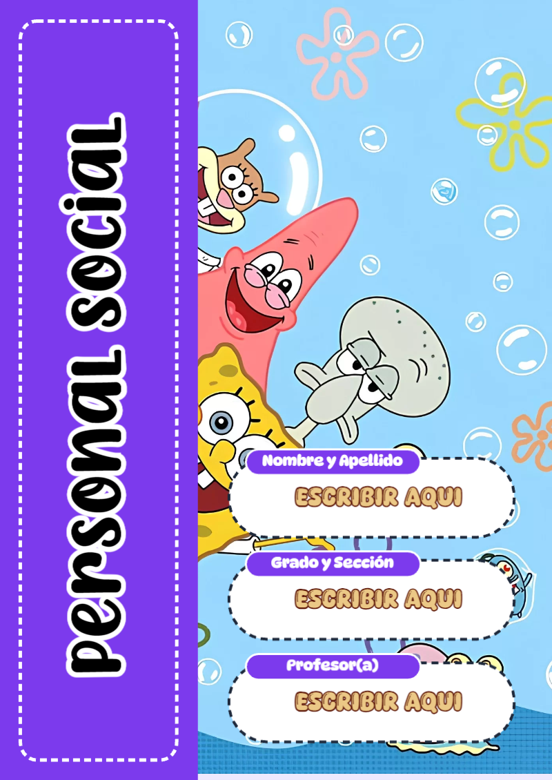Portada de Bob Esponja de Personal Social para cuaderno con diseño escolar - versión premium para imprimir