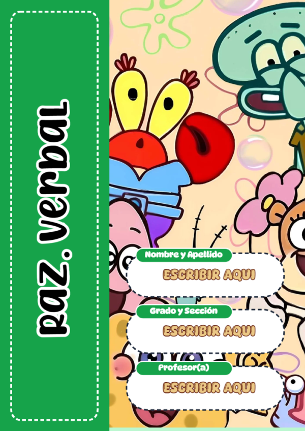 Portada de Bob Esponja de Raz. Verbal para cuaderno colorida y creativa - versión premium para imprimir