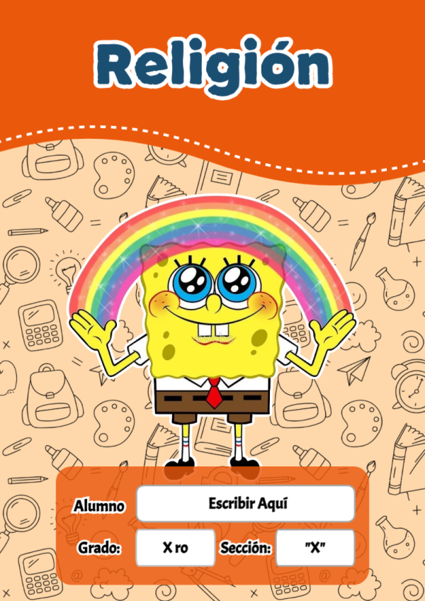 Portada de Bob Esponja de Religión para cuaderno con diseño escolar - creación especial de Mini Canva