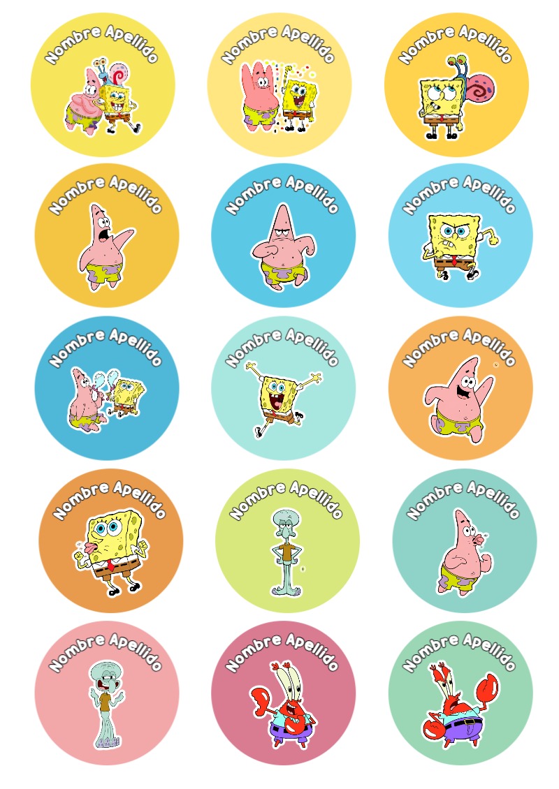 Etiquetas escolares de Bob Esponja listas para recortar - ideal para cuadernos de espiral