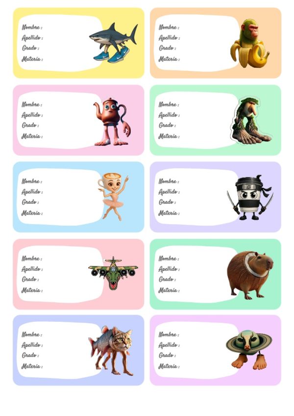 Etiquetas personalizadas de Brainrot para imprimir en A4 - ideal para el nuevo año escolar