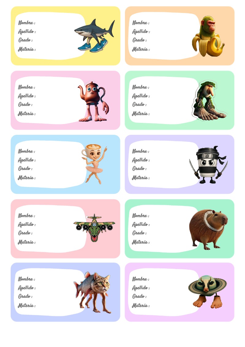 Etiquetas Escolares de Brainrot para Imprimir y Editar Gratis