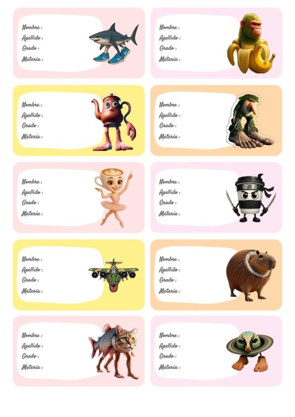 Plantilla de etiquetas escolares de Brainrot para imprimir - diseño exclusivo y original