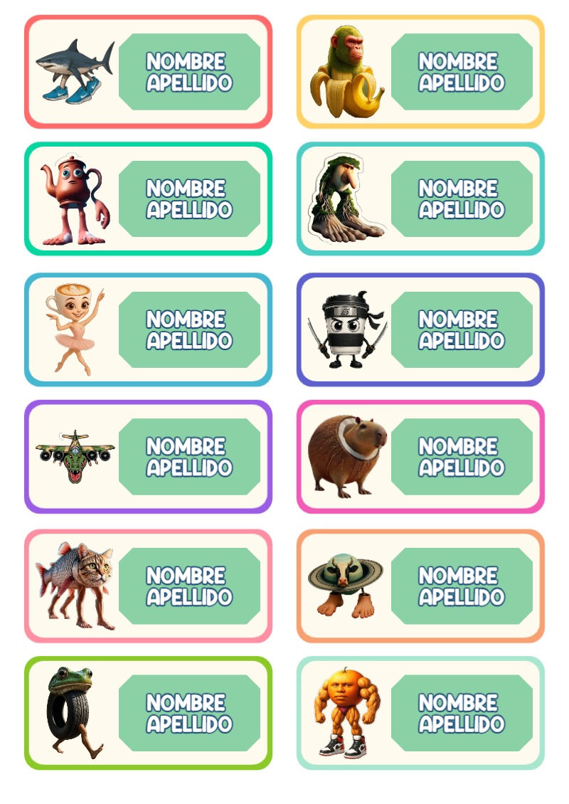 Etiquetas escolares de Brainrot listas para recortar - versión premium para imprimir