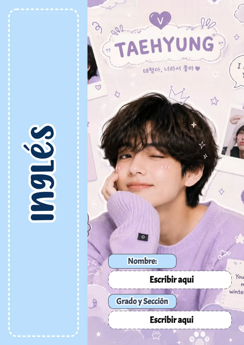Portada de BTS Inglés para cuaderno llamativa y bonita - tendencia educativa 2026