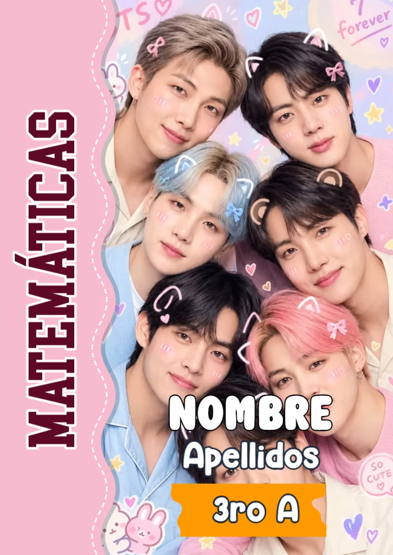 Portada de BTS Matemáticas para cuaderno escolar para imprimir gratis - diseño escolar moderno