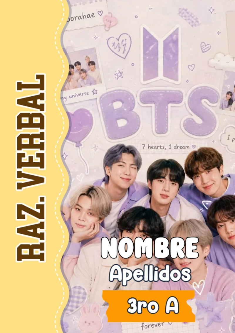 Portada de BTS Raz. Verbal para cuaderno en tamaño A4 - con colores vivos y llamativos