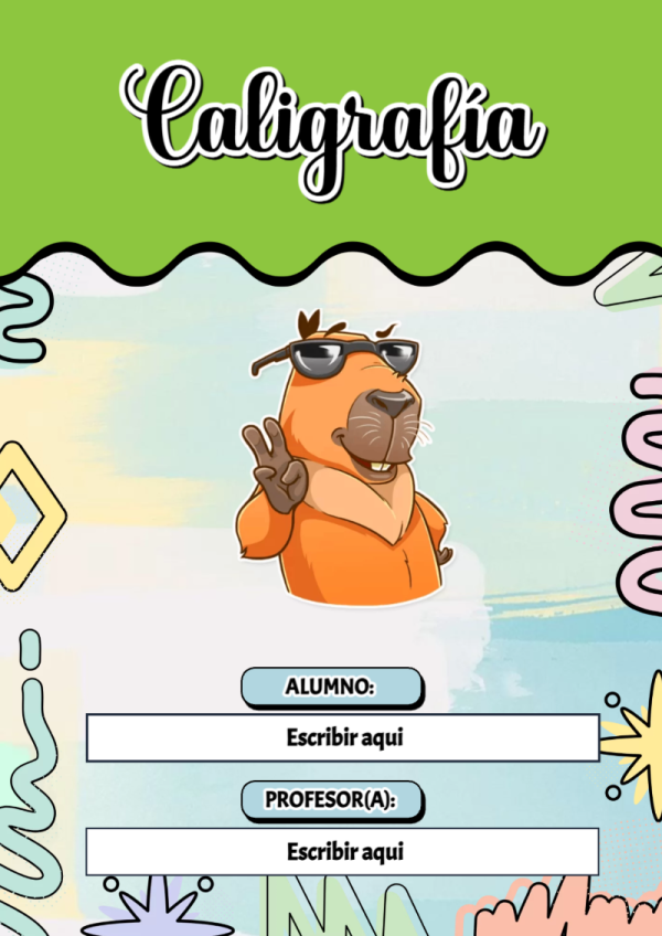 Portada de Capibara de Caligrafía para cuaderno con diseño escolar - ideal para cuadernos de espiral
