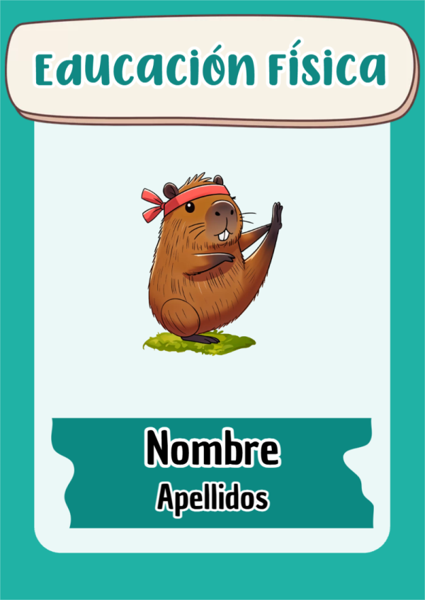 Portada de Capibara de Educación Física para cuaderno fácil de imprimir - para personalizar tus materias