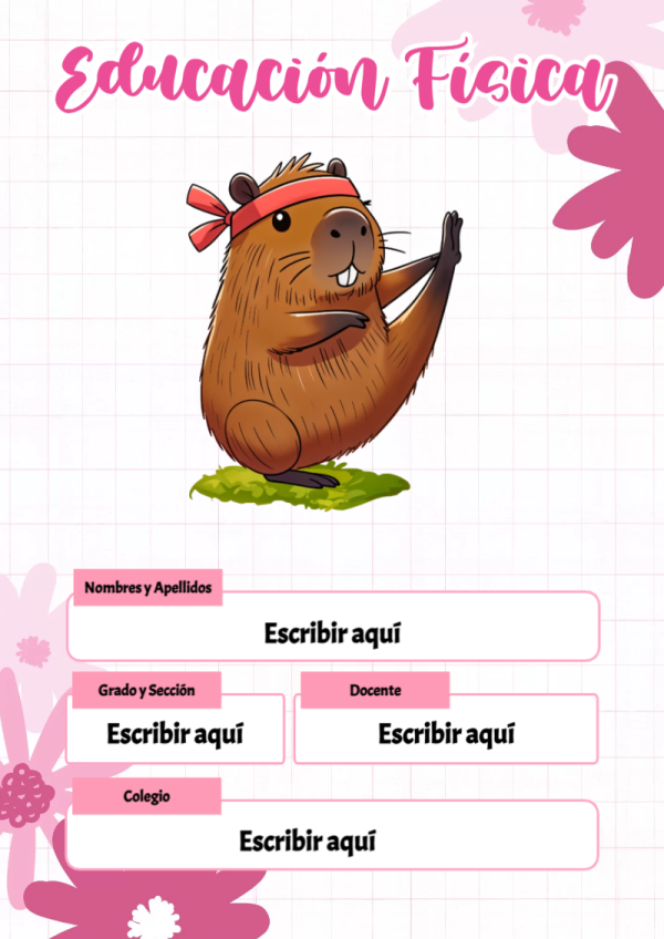 Portada de Capibara de Educación Física para cuaderno fácil de imprimir - ideal para cuadernos de espiral