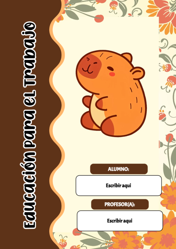 Portada de Capibara de Educación para el Trabajo para cuaderno fácil de imprimir - formato digital listo para usar