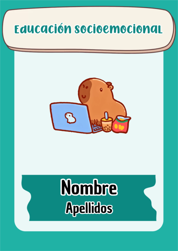 Portada de Capibara de Educación Socioemocional para cuaderno en tamaño A4 - perfecto para organizar tus apuntes