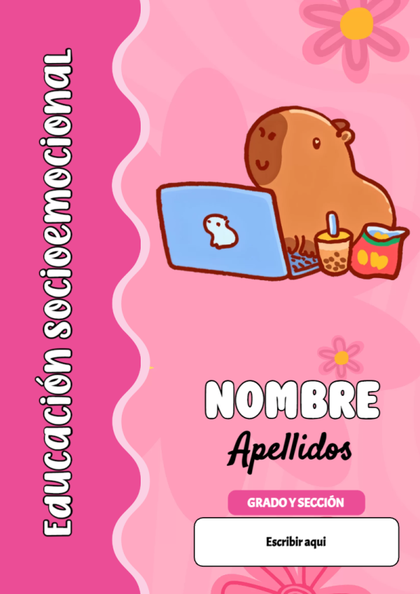 Portada de Capibara de Educación Socioemocional para cuaderno colorida y creativa - ideal para el nuevo año escolar