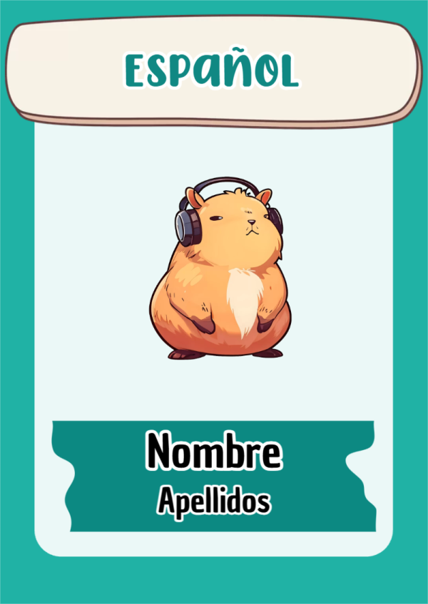 Portada de Capibara de Español para cuaderno personalizada para imprimir - diseño escolar moderno