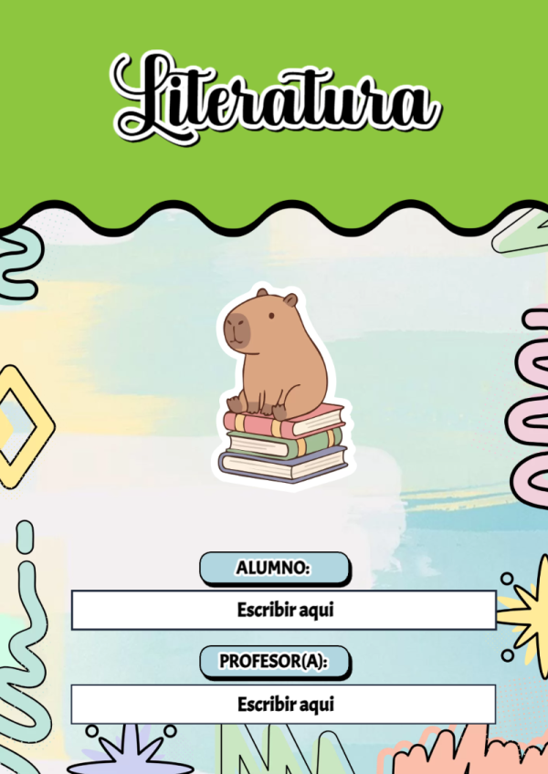 Portada de Capibara de Literatura para cuaderno decorativa y bonita - con colores vivos y llamativos