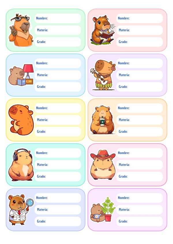 Etiquetas de capibara para cuadernos y útiles escolares - perfecto para organizar tus apuntes