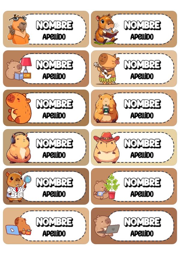 Plantilla de etiquetas escolares de capibara para imprimir - creación especial de Mini Canva