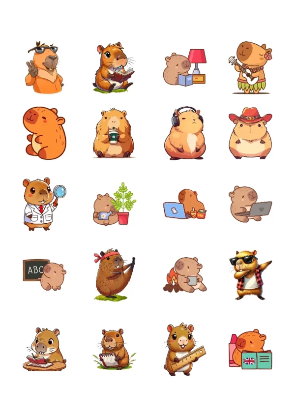 Stickers de Capibara para Imprimir en PDF Gratis (Diseño 1) para cuadernos y útiles - ideal para el nuevo año escolar