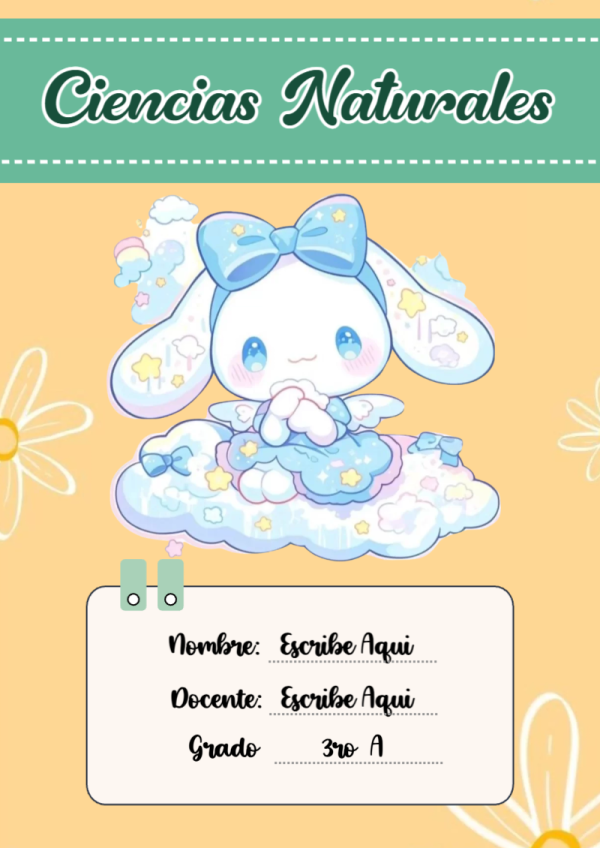 Portada de Cinnamoroll de Ciencias Naturales para cuaderno para niños de primaria - versión premium para imprimir