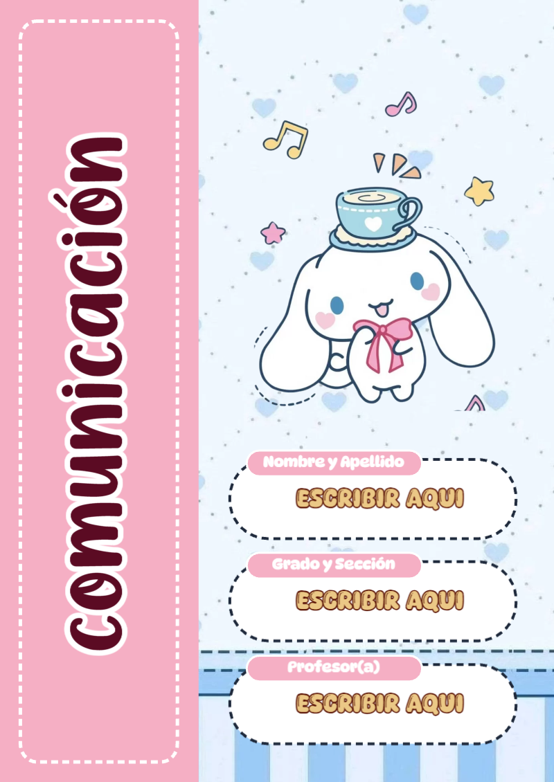 Portada de Cinnamoroll de Comunicación para cuaderno lista para imprimir en A4 - formato digital listo para usar