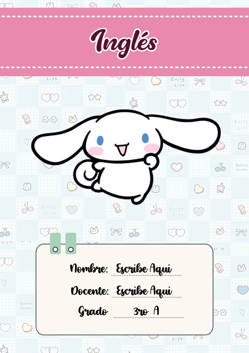 Portada de Cinnamoroll de Inglés Editable para Imprimir Gratis
