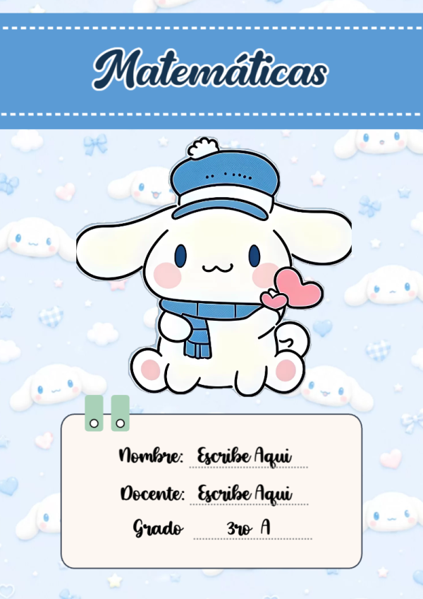 Portada de Cinnamoroll de Matemáticas para cuaderno colorida y creativa - versión premium para imprimir
