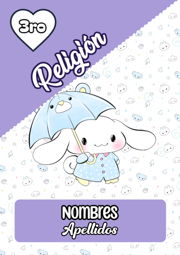 Portada de Cinnamoroll de Religión para cuaderno lista para imprimir en A4 - diseño escolar moderno