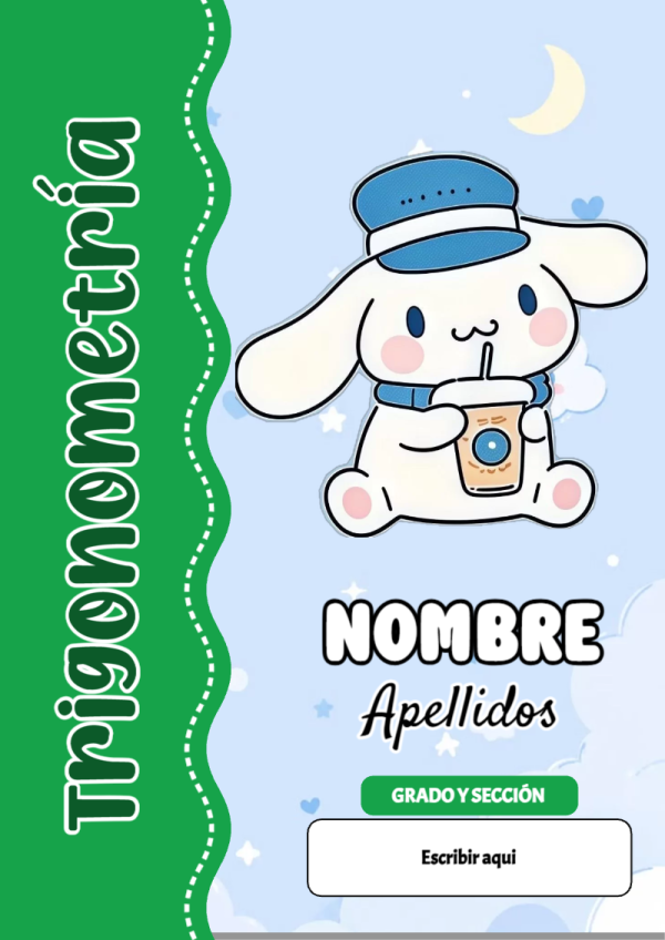 Portada de Cinnamoroll de Trigonometría para cuaderno lista para imprimir en A4 - diseño escolar moderno