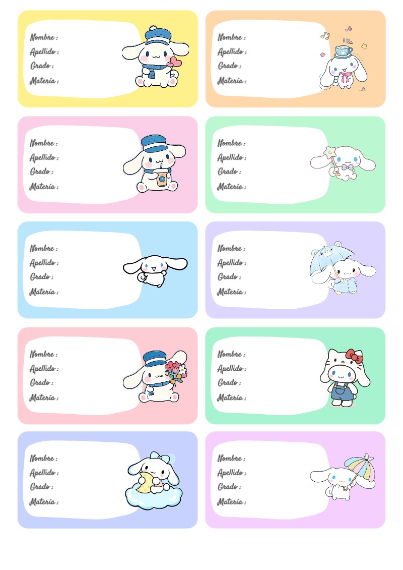 Etiquetas Escolares de CINNAMOROLL para Cuadernos Imprimir Gratis